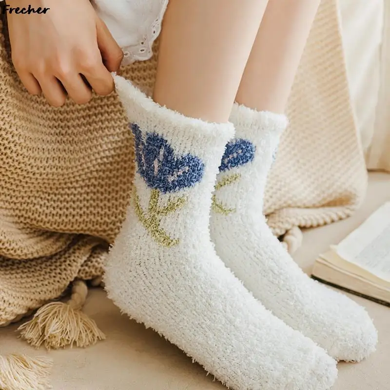 

Elegant Women Soft Fleece Socks Winter Coral Funny Sokken Plush Cute Cartoon Flower Sock New Year Warm Footwear Party Gift