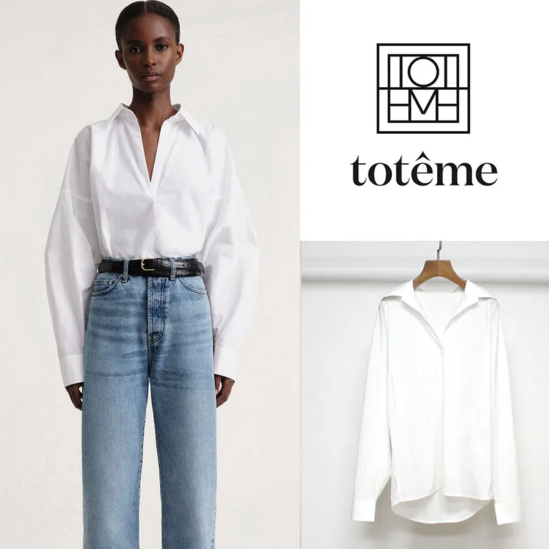 

Toteme Loose V-neck Bat Sleeve Cotton Poplin Shirt Fitted Plain Button Down Shirts for Women Formal Work Dress Blouses Tops