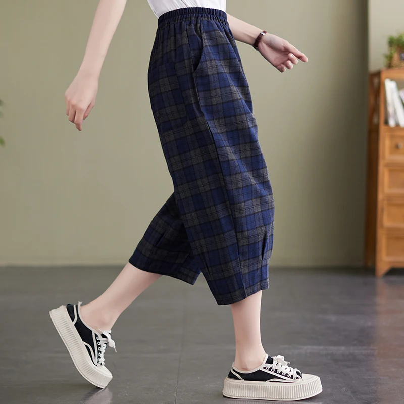 Женские клетчатые брюки до щиколотки повседневные свободные из хлопка и льна с