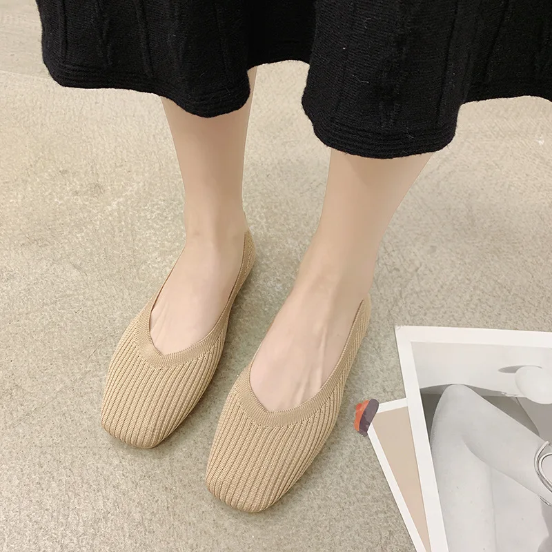 

2022 Breathable Knitted Mesh Ballet Flats Shoes Women Slip on Square Toe Shallow Loafers Ladies Casual Soft Sole Boat Shoes