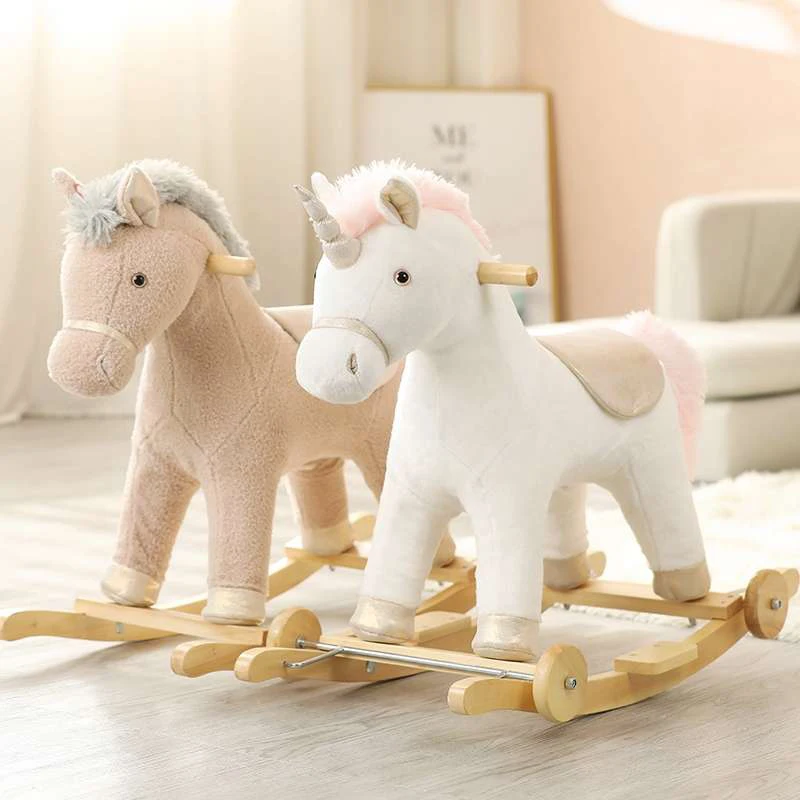 Children Shake A Plush Horse Toy Wooden Rocking Chair Baby's Birthday Present Multi-functional Fun Toys