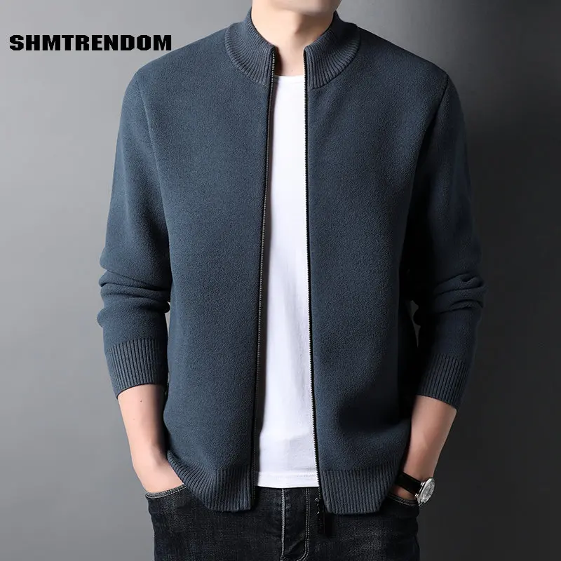 

SHMTRENDOM Spring Autumn Zipper Cardigans Men's Sweaters Luxury Stand Collar Solid Color Casual Turtleneck Man Sweaters 3XL