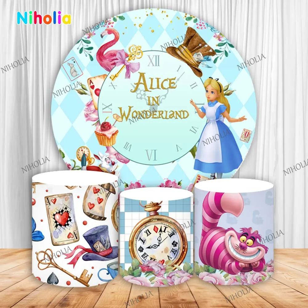 Alice in Wonderland Round Backdrop Girls Birthday Party Decoration Cartoon Photography Background Cover Baby Shower Booth Prop