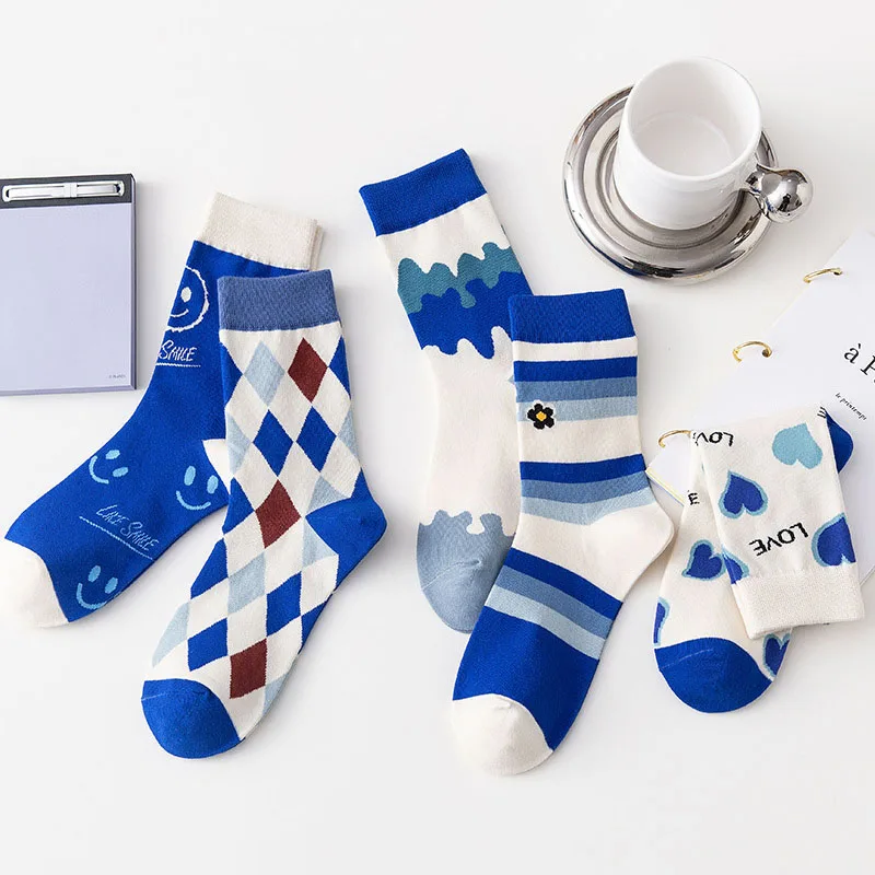 

Women cotton socks 2022 new woman Klein blue socks 3pairs/lot lady INS fashion lovely smiley socks VKMONY