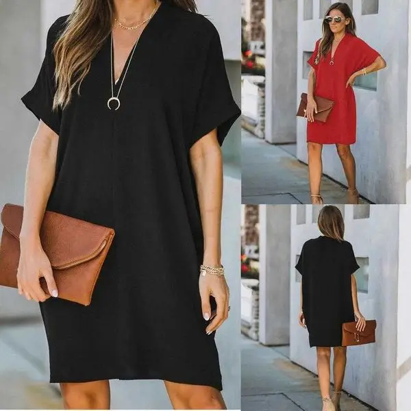 

Womens V Neck Dresses Short Sleeve Solid Casual Color Loose Dress For Women
