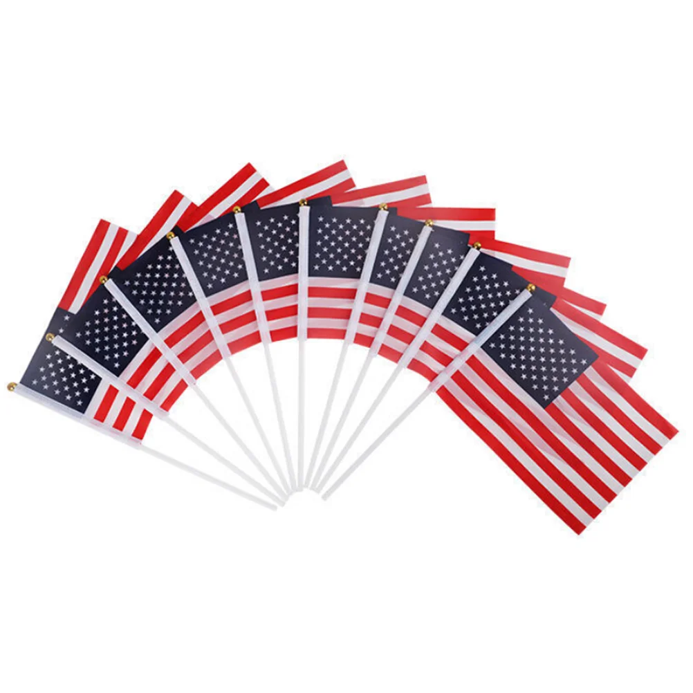 

100pcs American Flags Mini US Handheld Stick Flags on Metal Stick with Round 14cm x 21cm