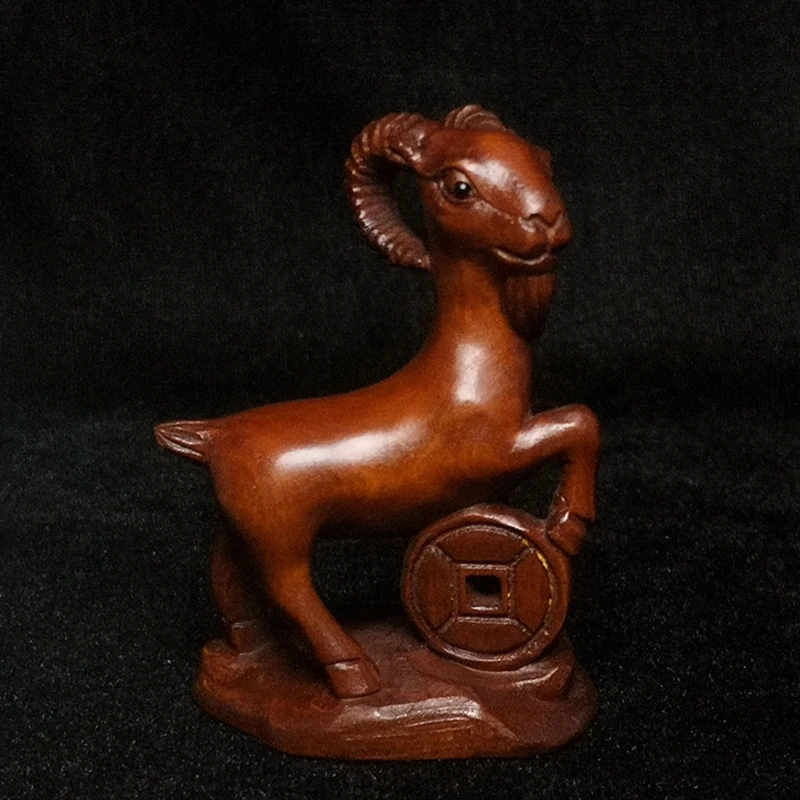 

Chinese Boxwood Hand Carved Wealthy Sheep Figurine Netsuke Collection H 6.5 CM