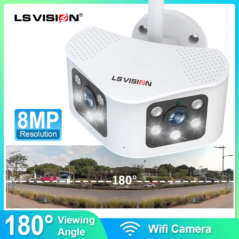 LS VISION 8MP 4K Dual Lens Outdoor Wifi Surveillance Camera 180 Ultra Wide Angle External IP Security Camera Pir Webcam Ptz