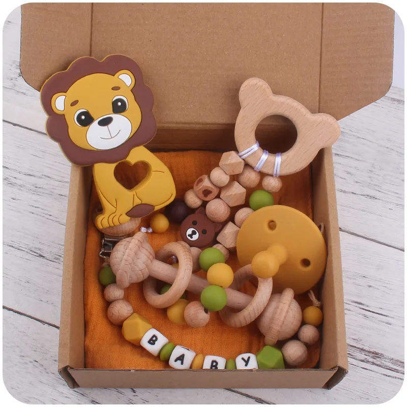

1Set Silicone Lion Baby Teether Rattle Safe Beech Wooden Teether Ring Pacifier Clip Chain Set Newborn Mobile Gym Educational Toy