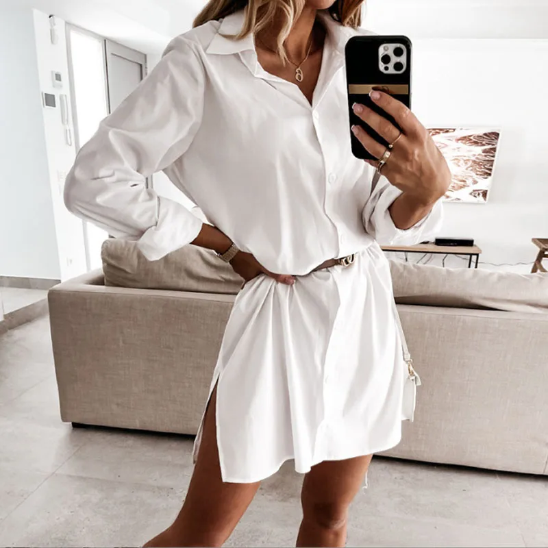

2022 Women Temperament Commute White Shirt Dress Office Lady Elegant High Street Solid Color Dress Casual Long Sleeve Mini Dress
