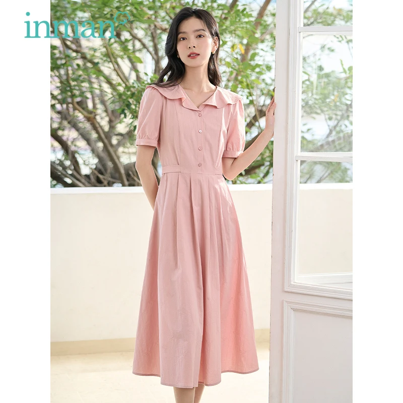 INMAN Women Dress 2023 Summer Short Sleeve Ruffled Lapel A-shaped Loose French Elegant Pink Blue Mid-length Skirt