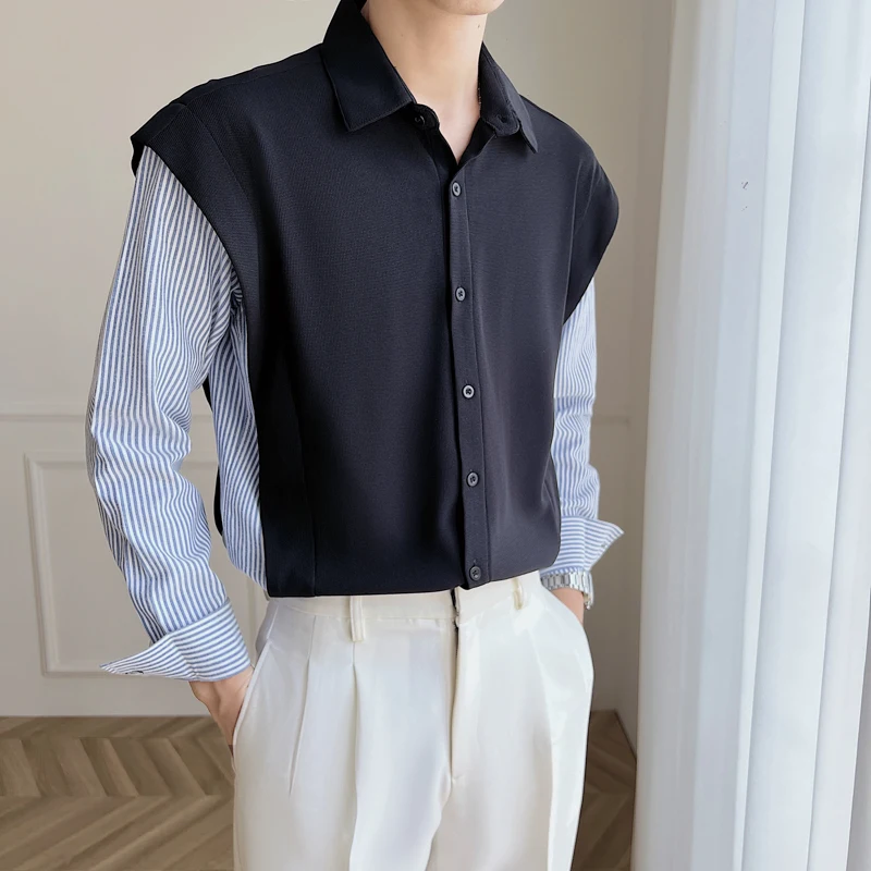 

Korean Fashion Stripe Mosaic Two Piece Long Sleeve Shirt Men