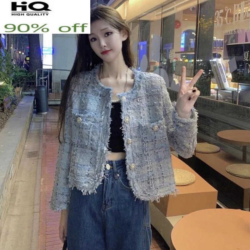 

fragrant Little style short women autumn/winter new ladies retro Plaid cardigan light blue tweed jacket