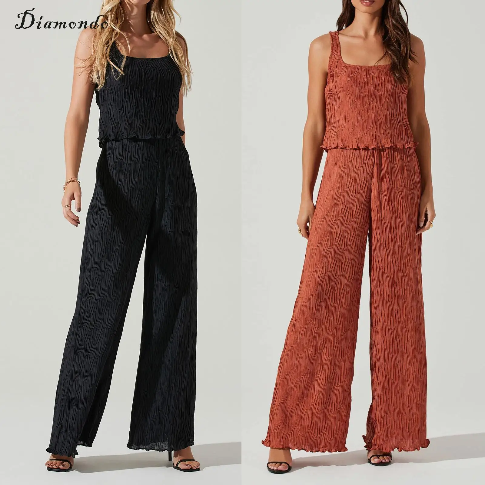 

Ladies Pleated Vest Fashion Set Square Neck Vest Top Wide Leg Pants Set Solid Color Elegant Style Elastic Waisted Daily Oufifit
