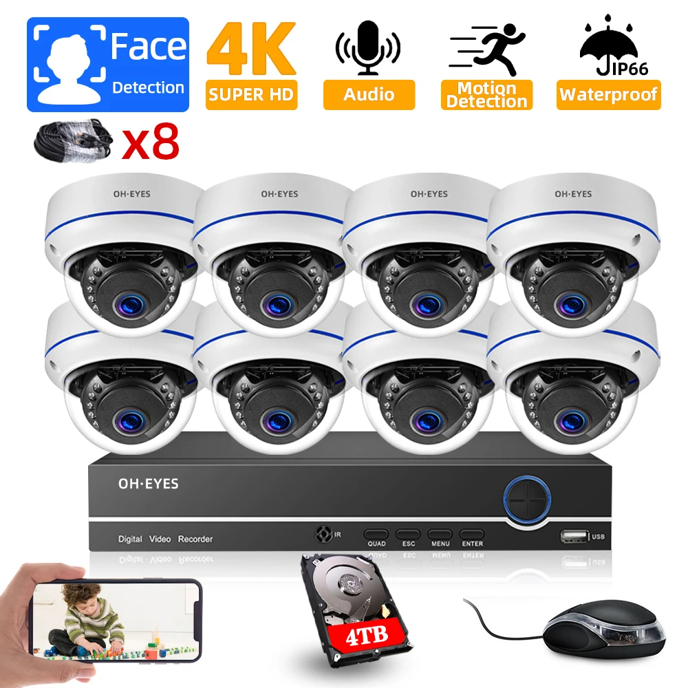 

OH EYES 8CH 8MP POE NVR Kit Day Night Camera System 8.0MP IR Outdoor CCTV Dome Built in Mic POE IP Cam Set 8Channal Xmeye Kit