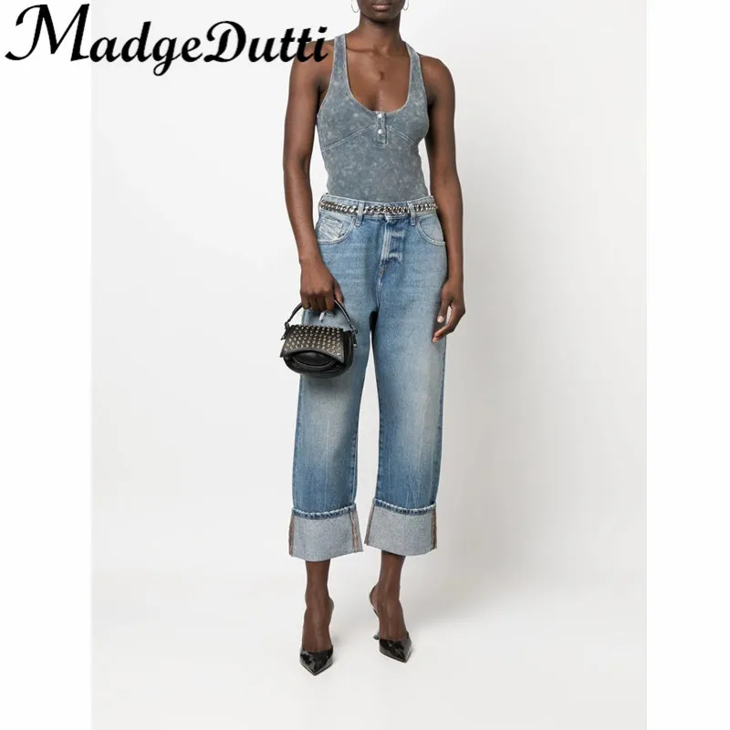 

3.15 MadgeDutti Fashion Washed Distressed Knitted Collect Waist Tank Top Or Letter Embroidery Straight Jeans Set Women