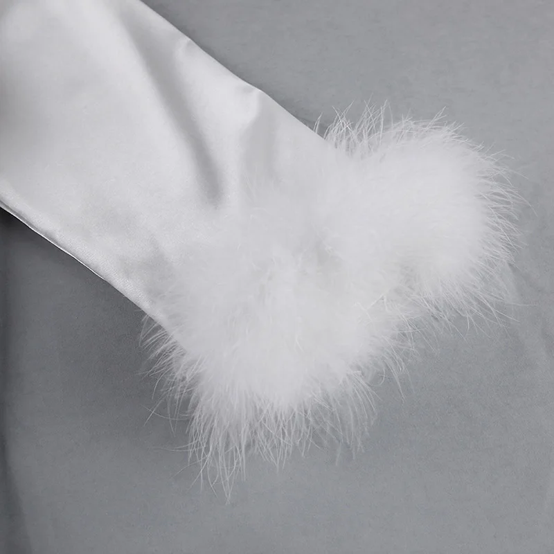 2022 New Seamless Ice Silk Satin Sleepwear Set For Women Fashion Solid Color Feather Sleeve Pajamas Suit Loose Female Homewear