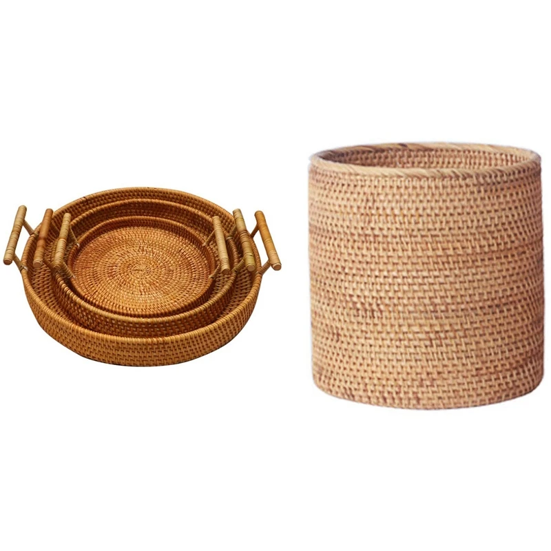 

Handmade Rattan Trash Can, Cylinder Storage with 3PCS Rattan Picnic Basket Storage Basket Binaural Rattan Basket