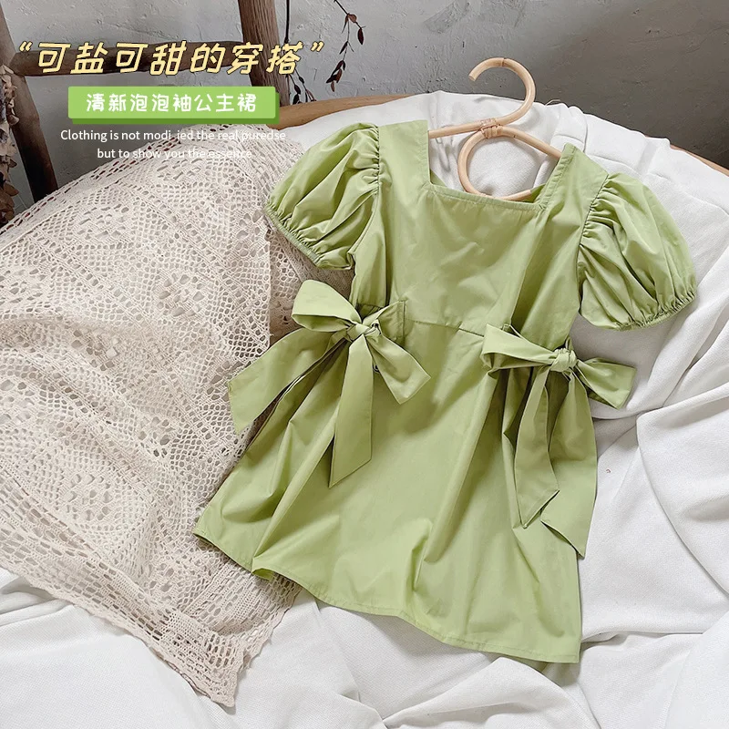 

Зеленое платье для девочек, Новинка лета 2022, платье для маленьких девочек в Корейском стиле с двумя большими бантами, платье принцессы с пыш...