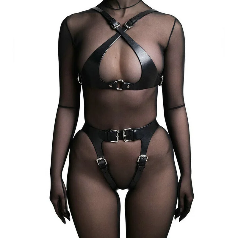 Sexy Women PU Leather Harness Belt Set Punk Body Suspender Strap Garter Belts Sexy Exotic Leather Garter Suspenders Lingerie