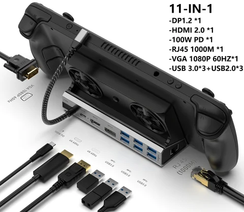 Док-станция с вентилятором 11 в 1 HDMI 2.0 совместимость 4k @ 60 Гц Gigabit Ethernet полная скорость зарядки