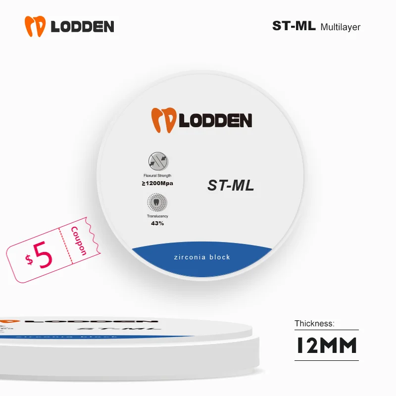 

LODDEN ST-ML Multilayer Dental Lab Zirconia Blocks Open System 98*12mm CAD CAM Crown Transparency 43% Strength ≥1200Mpa