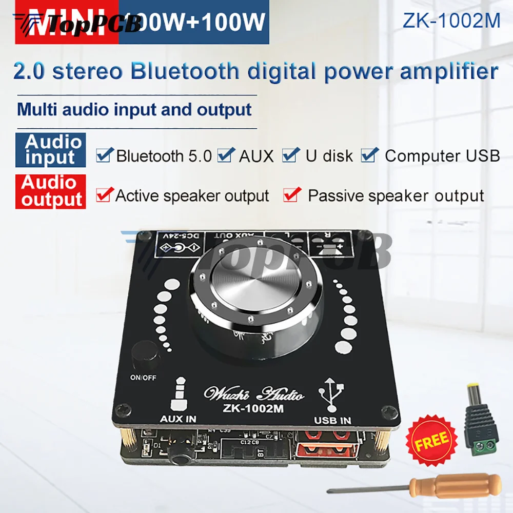 1002M 100W+100W Bluetooth 5.0 Power Audio Amplifier board Stereo AMP Amplificador Home Theater AUX USB