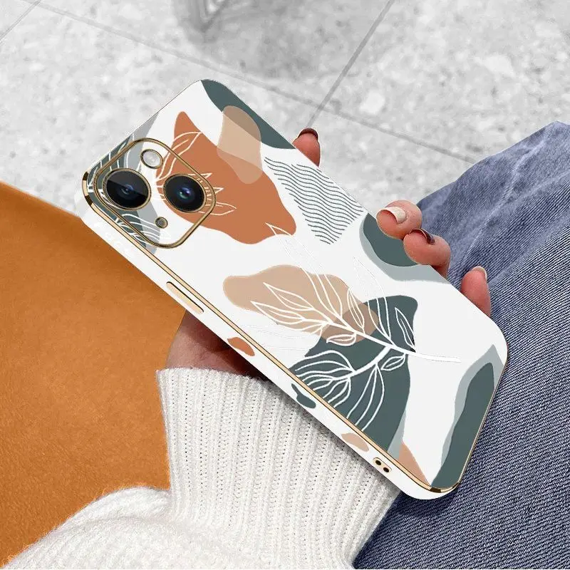 Wavy Leaves Luxury Plating Phone Case For iPhone 14 13 12 11 Plus Pro Max Mini X XR XS SE2020 8 7 6 6S Plus Cover