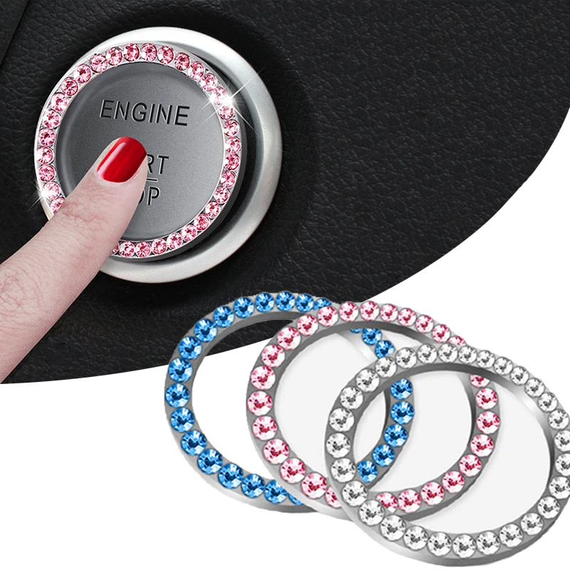 

Rhinestone Key Ring Stickers Auto Start Switch Button Decorative Metal Cover Diamond Key Ring Car SUV Bling Decals Accessories
