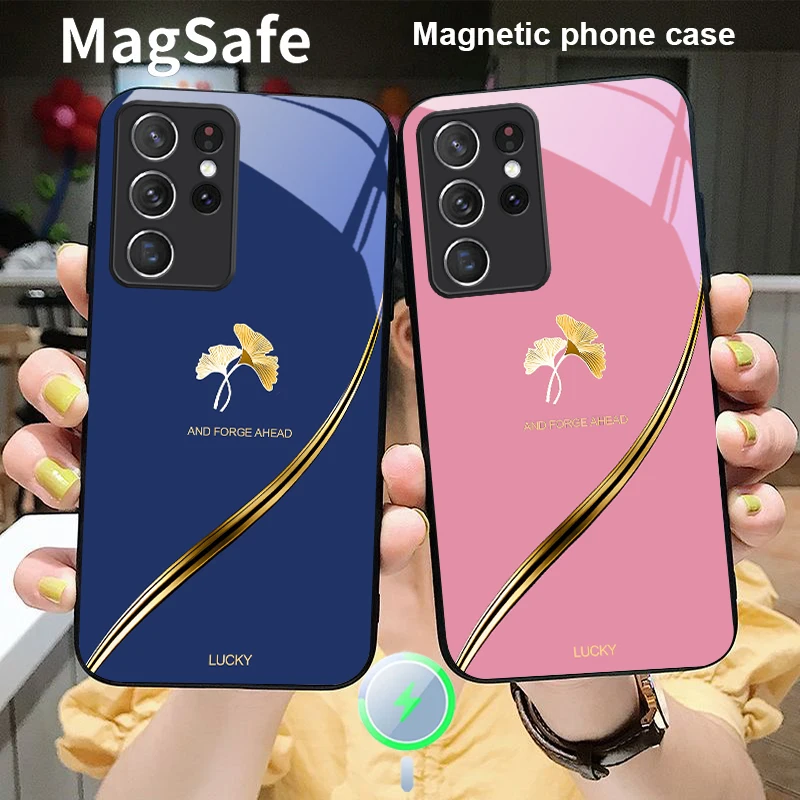 Фото Золотая фольга с листьями гинкго для Samsung S 25 S25 Edge S25Ultra S8 9 10 20 S21 Pro S22 Plus S23 FE S24 Ultra Magsafe Glass Phone Case №1