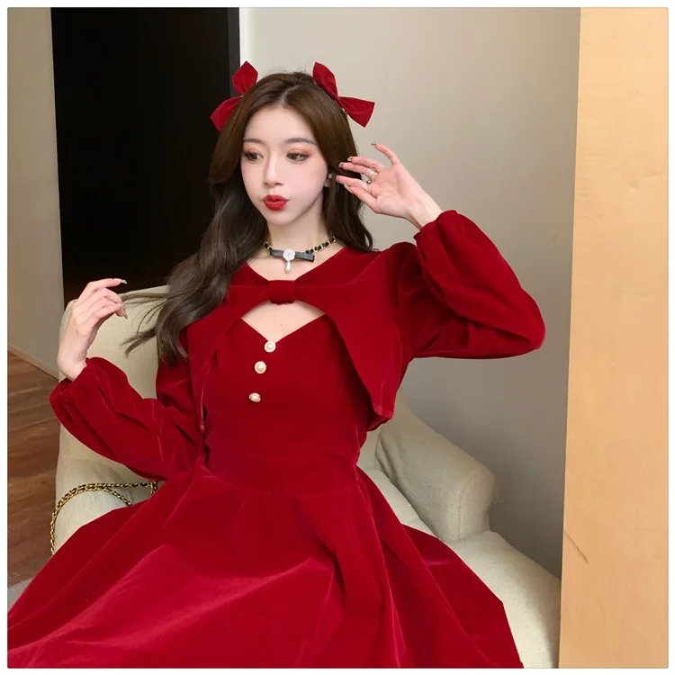 

2022 Christmas New Year New Red Shawl Sling Princess Dress Waist Slimming Suit Two-piece Women Dress Above Knee, Mini