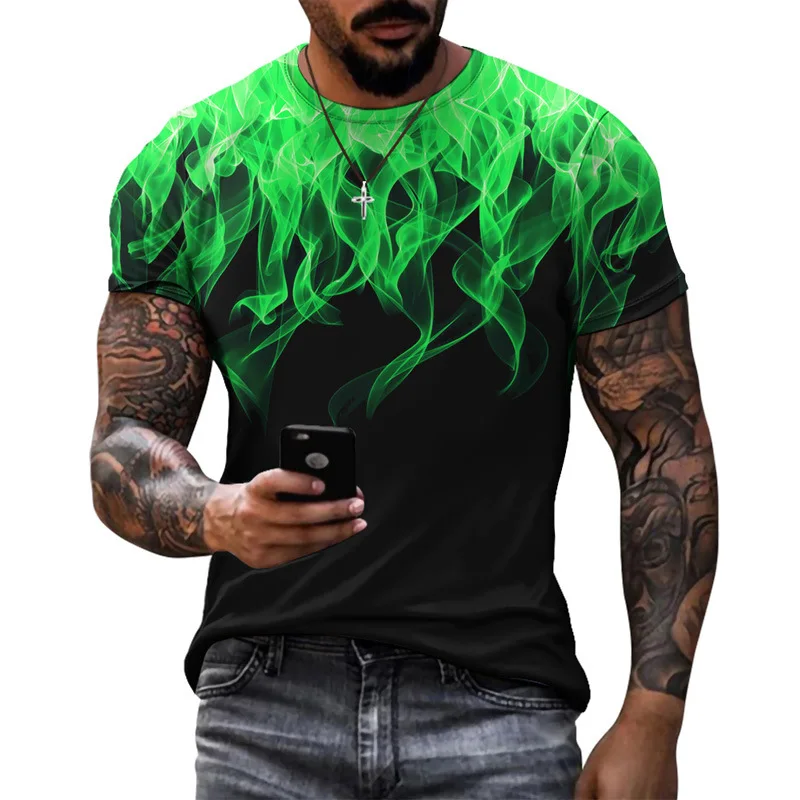 

Men Casual T-Shirt Flame Pattern 3DT Shirt Summer Fashion Daily O Neck Plus Size Short Sleeve High Street Street Style Top