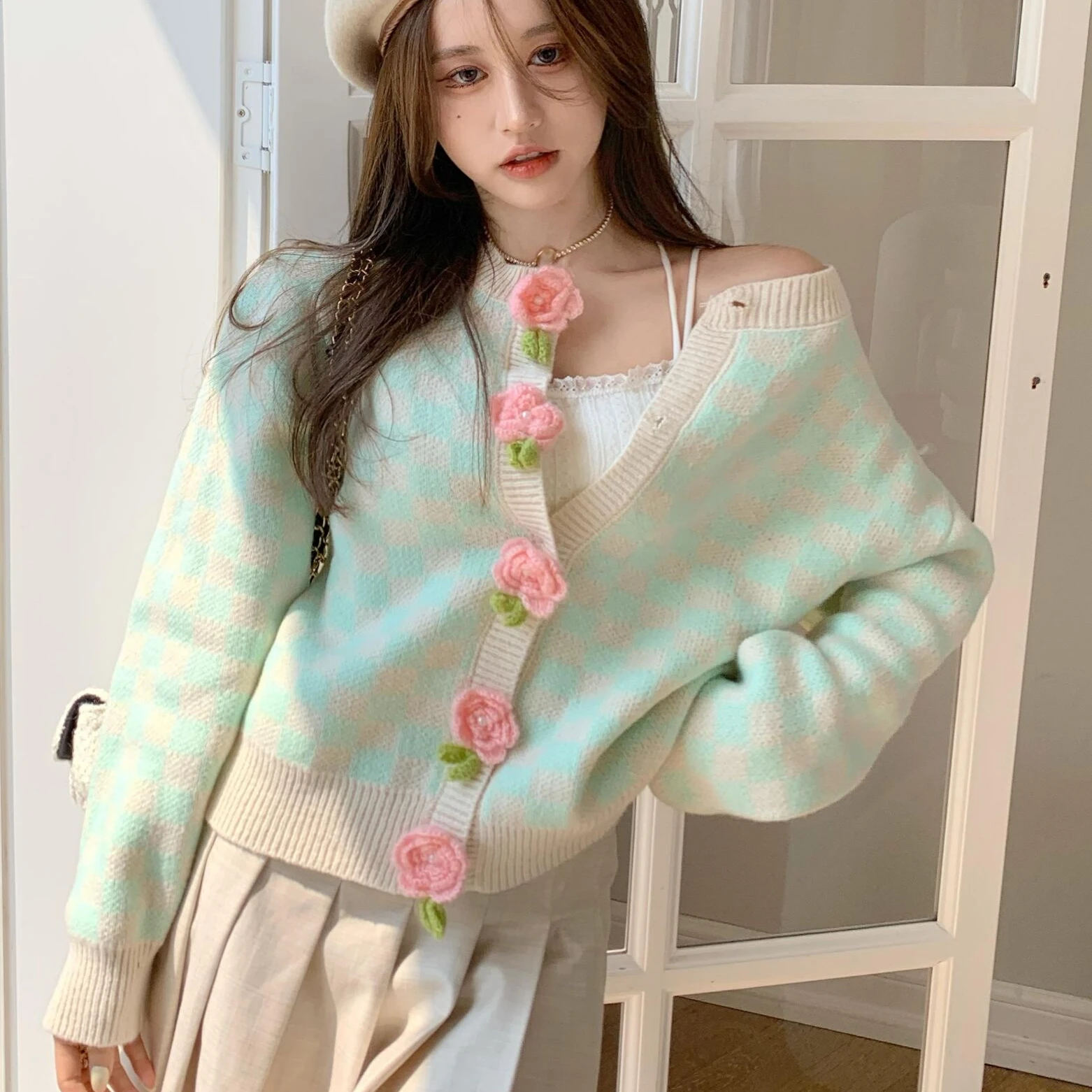 

Women 3D Flowers Crocheted Plaids Sweater Coat Checked Floral Knitted Cardigans Ins Single Breasted Jersey Knitwear Tops Sueter