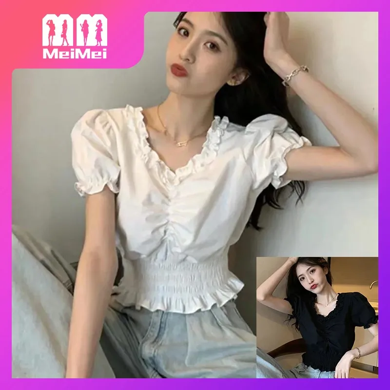 

Yihua Ladies 2021 Summer New French V-neck Puff Sleeve Shirt Female Design Sense Waist and Thin Ruffle Short Top