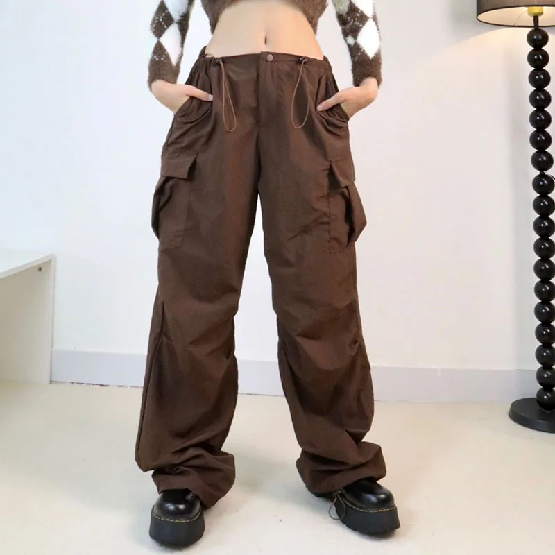 

90s Vintage Cargo Long Pants Punk Style Drawstring Low Waist Loose Trousers with Multiple Pockets Harajuku Grunge Streetwear
