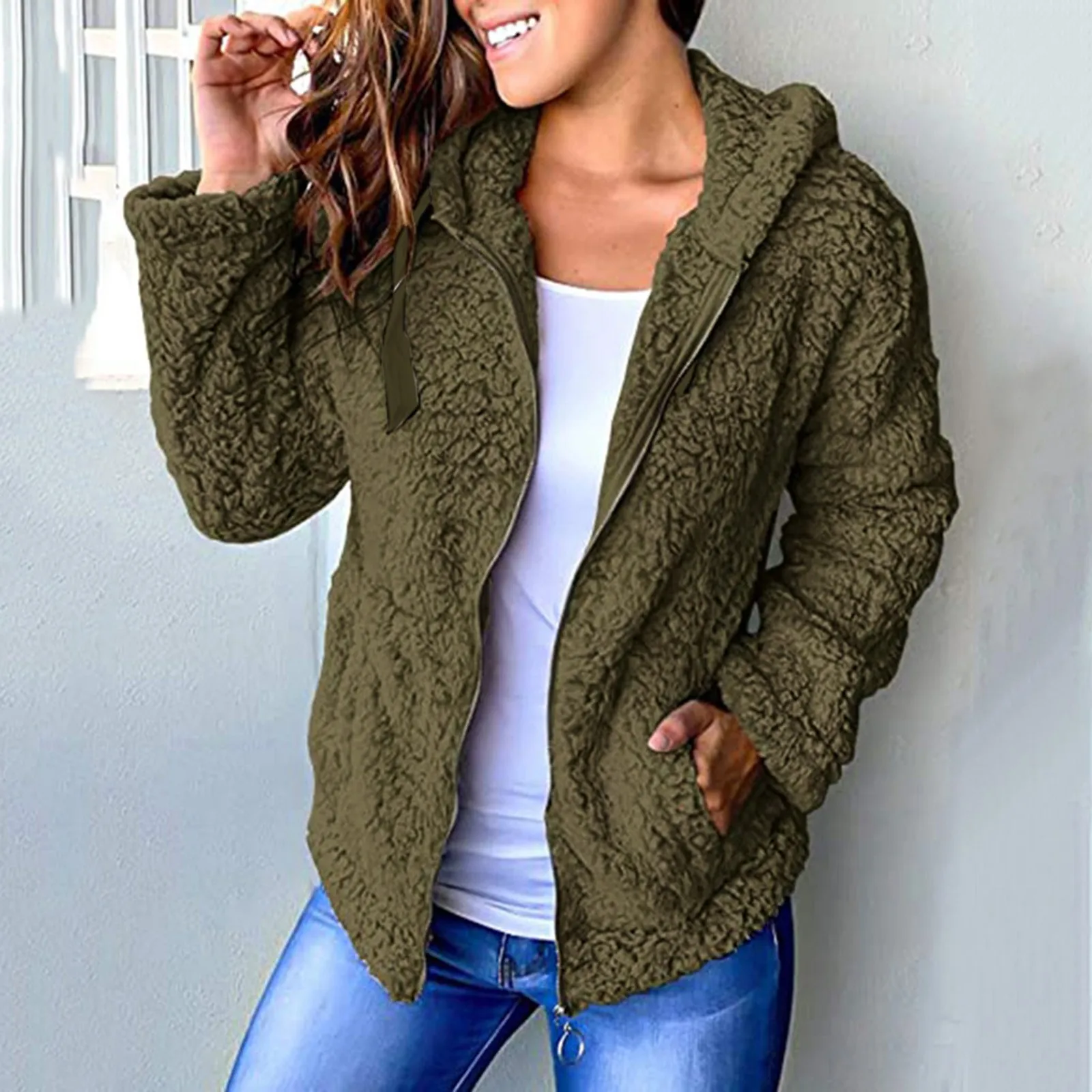 

Женская куртка с длинным рукавом, куртка на молнии с капюшоном и крупными карманами, Женская куртка для походов