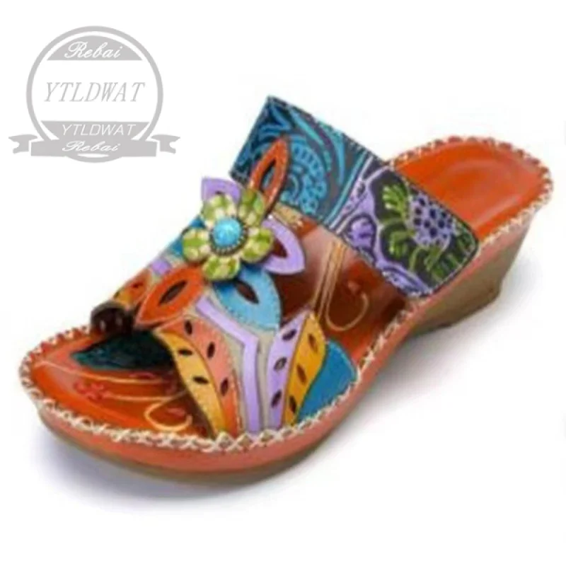 

Women Sandals Heeled Slippers Ethnic Flower Sandals Female Summer Shoes Casual Beach Shoes Flip Flop Chaussures Femme Platform