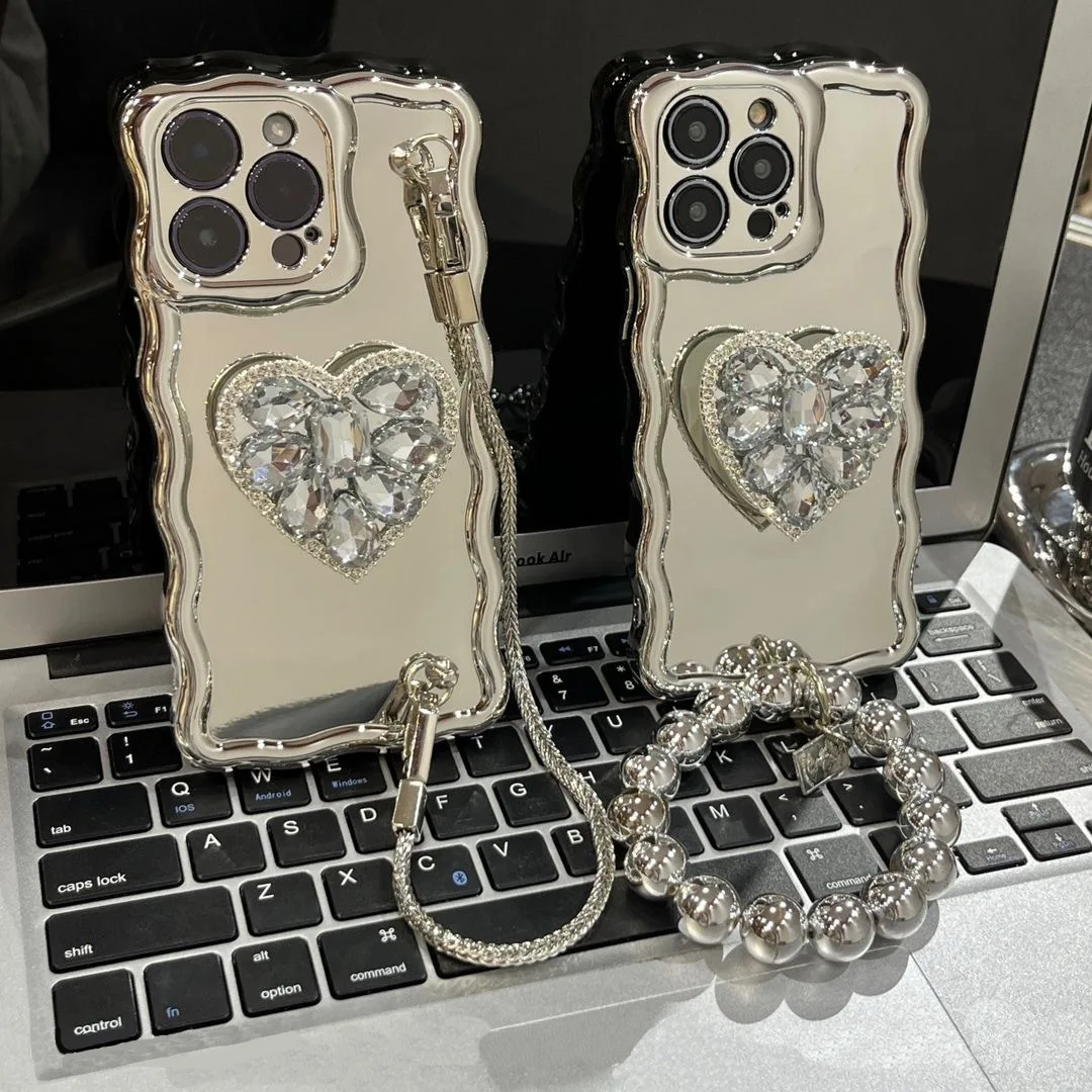 Luxury Shockproof Wave Electroplating Suitable For IPhone 14 Mobile Phone Case Flash Diamond Love Huawei P40 Bracelet Case
