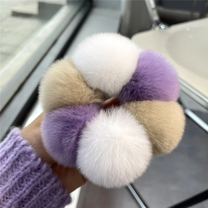 

2022 New Hair Accessories For Women, Girls Real Rex Rabbit Fur Pompom Elastic Hair Tie Headwear Fashion Female Hair Accessories