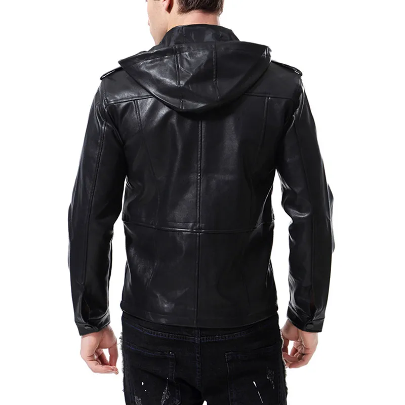 Men's Spring and Autumn Hooded Leather Jacket Long Sleeve Jacket Removable Cap Large Size M-5XL Slim Casual Faux Leather New