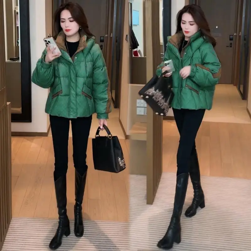 Пуховик контрастного цвета с узором гусиные лапки женская одежда на хлопковой