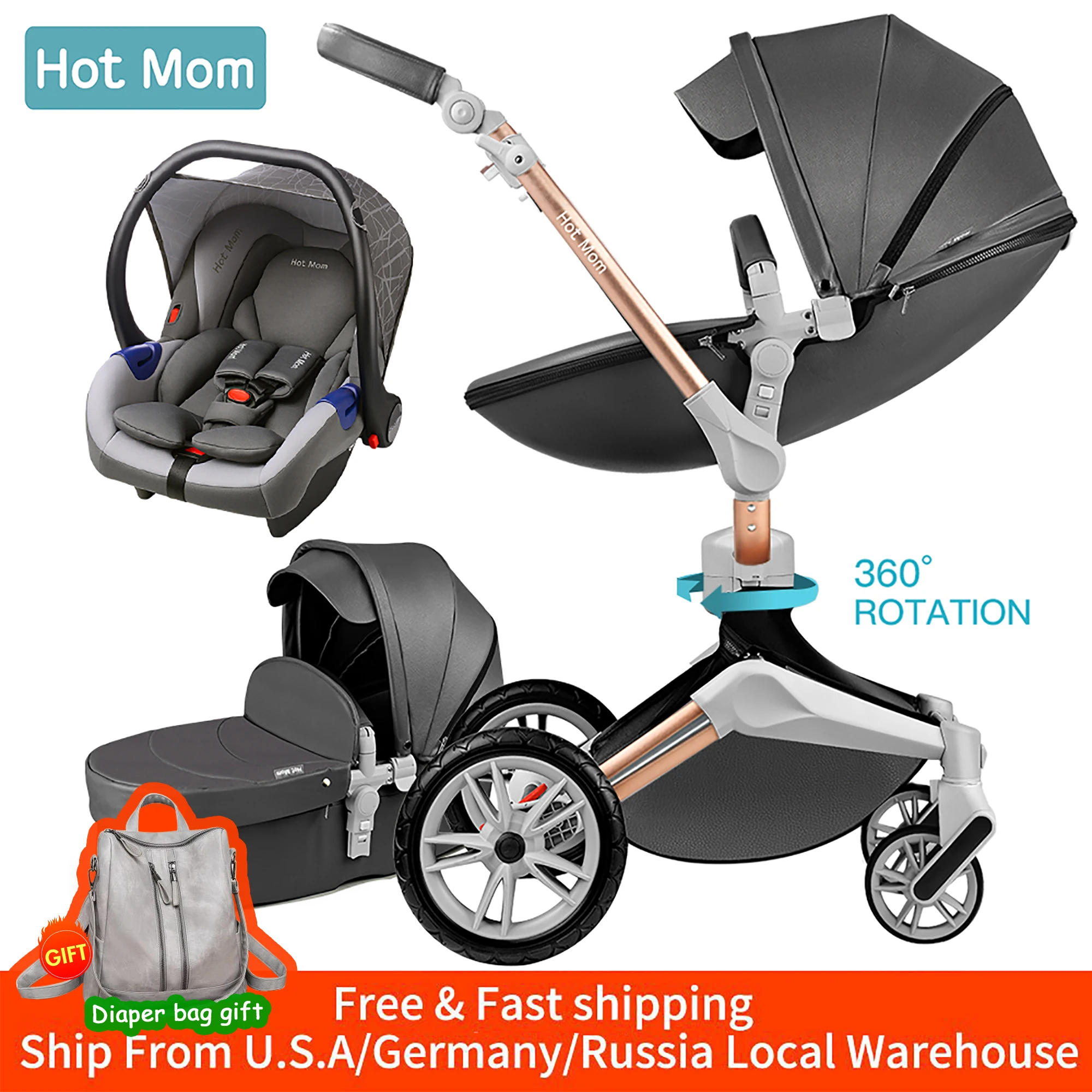 Hot Mom Baby Stroller 3 in 1 with Car Seat Bassinet Carriage For Newborn 360°Rotate Travel Pram Free Shipping F023