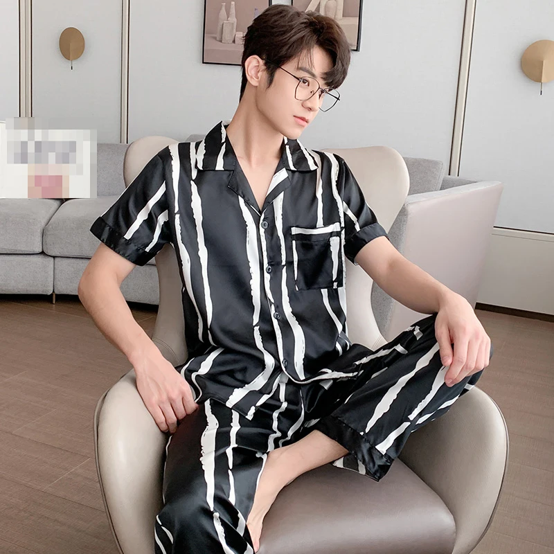 Summer knitted cotton pajamas men's cardigan button short-sleeved trousers pajamas 2-piece set thin casual printing home wear