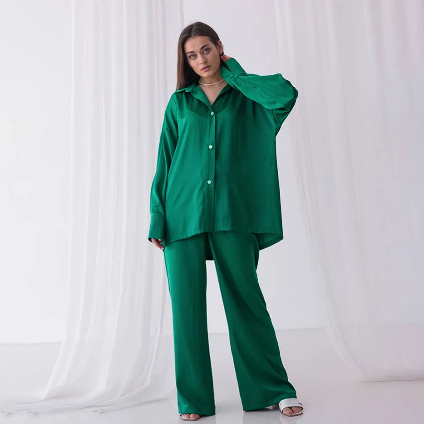 Turn Down Collar Women Pajamas Set 2-Pieces Set Spring Autumn Pj Set Sleepwear Homewear Satin Pyjamas Set