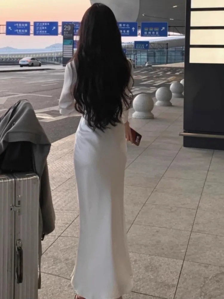 Осенние белые платья-рубашки с v-образным вырезом для женщин элегантное