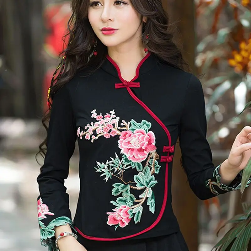 Женский короткий топ в стиле Ципао Осенние блузки из смесового хлопка с вышивкой