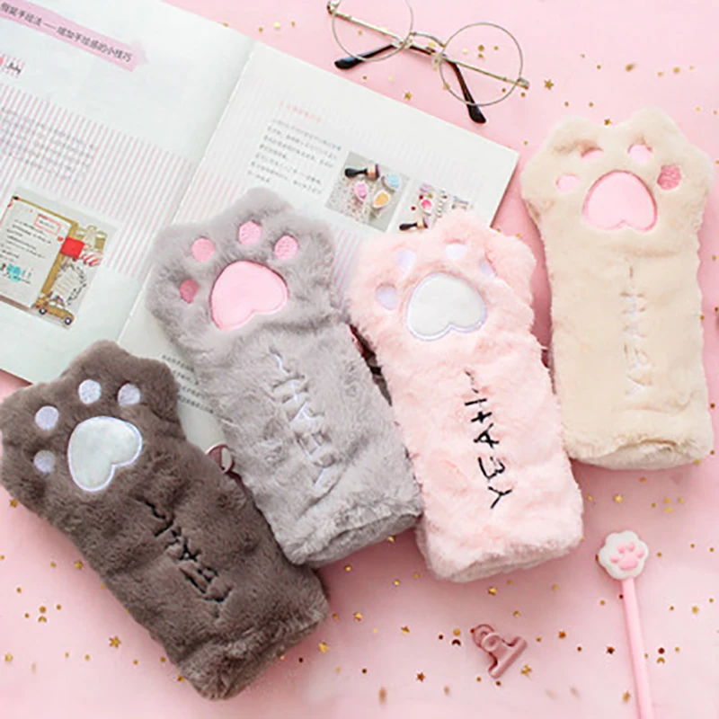 

Cute Cat Paw Pencil Bag Soft Plush Cosmetics Pouch Large Capacity Pencil Case Pen Student Stationery Supplies Office Accessories