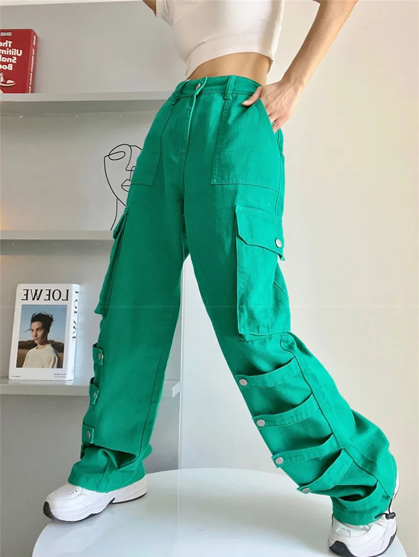 

Green Women Jeans Fashion American Street Clothing Pocket Jeans Female Denim Capris Pants Jean Mom Jeans Straight Trousers