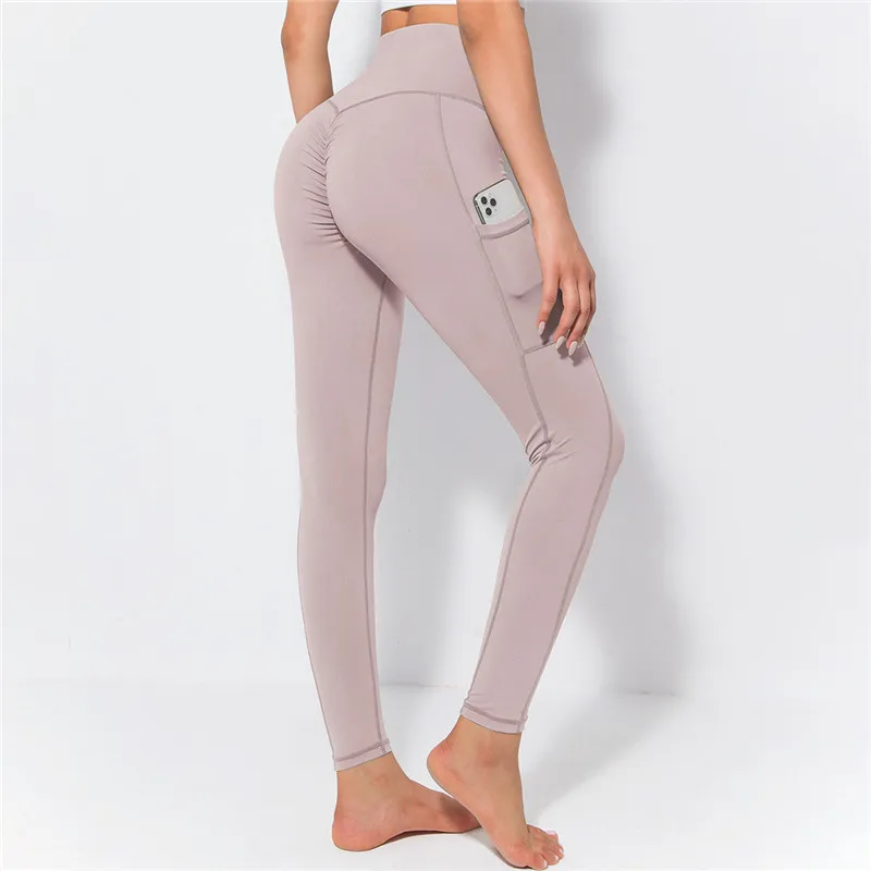 

Solid Color Woman Sports Pants Tights Fitness Training Gym Side Pocket Fold Yoga Leggings Squat Proof Quick-drying Breathable