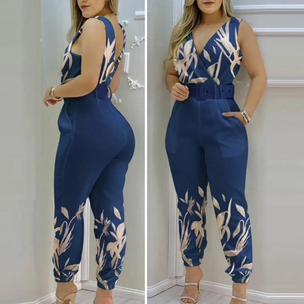 

Elegant Popular High Waisted V Neck Overalls Female Ladies Jumpsuit Elastic Leg Opening Streetwear